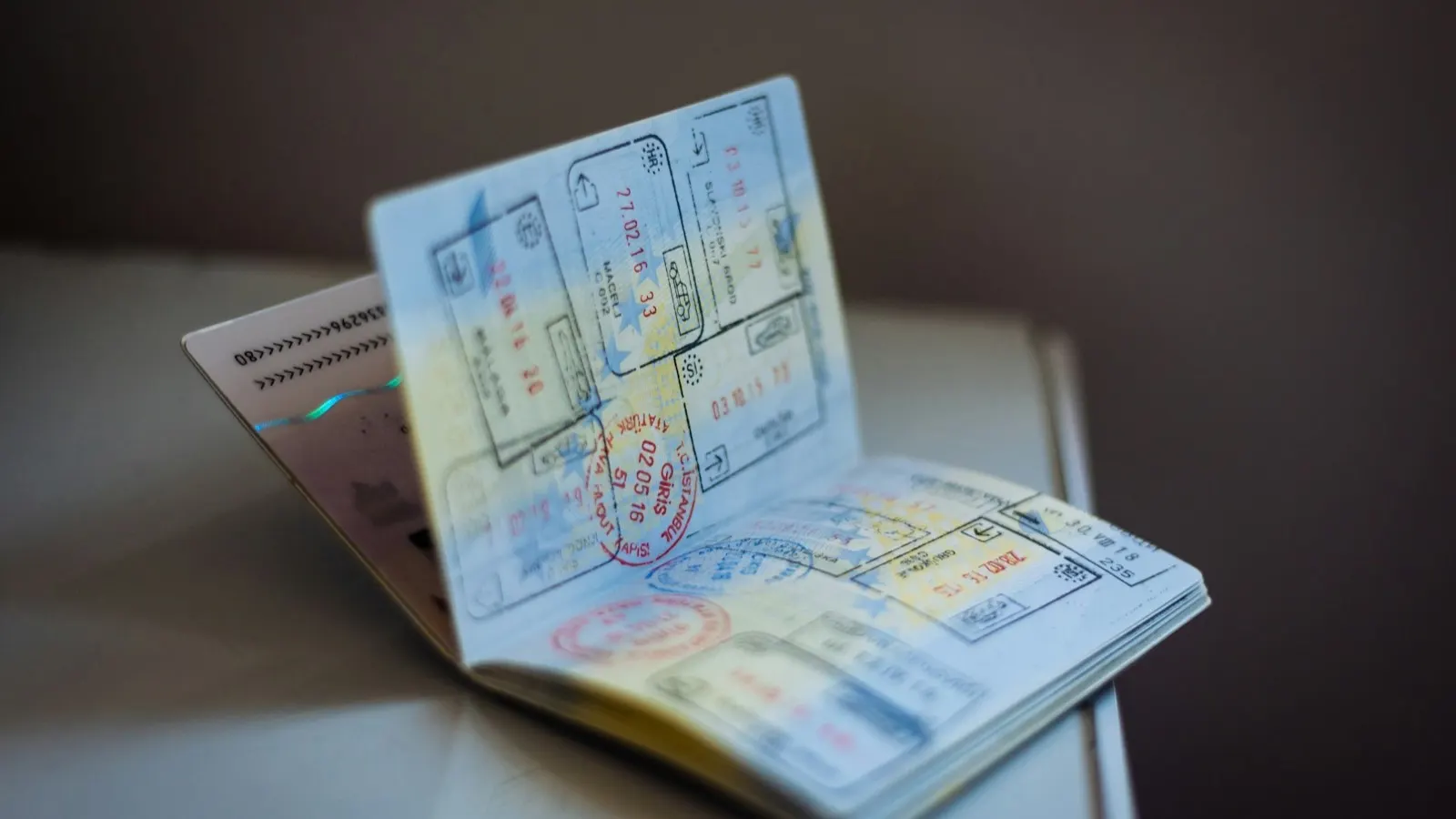 Open passport with entry and exit stamps on a table, representing the day-count tests for a UAE tax residency certificate