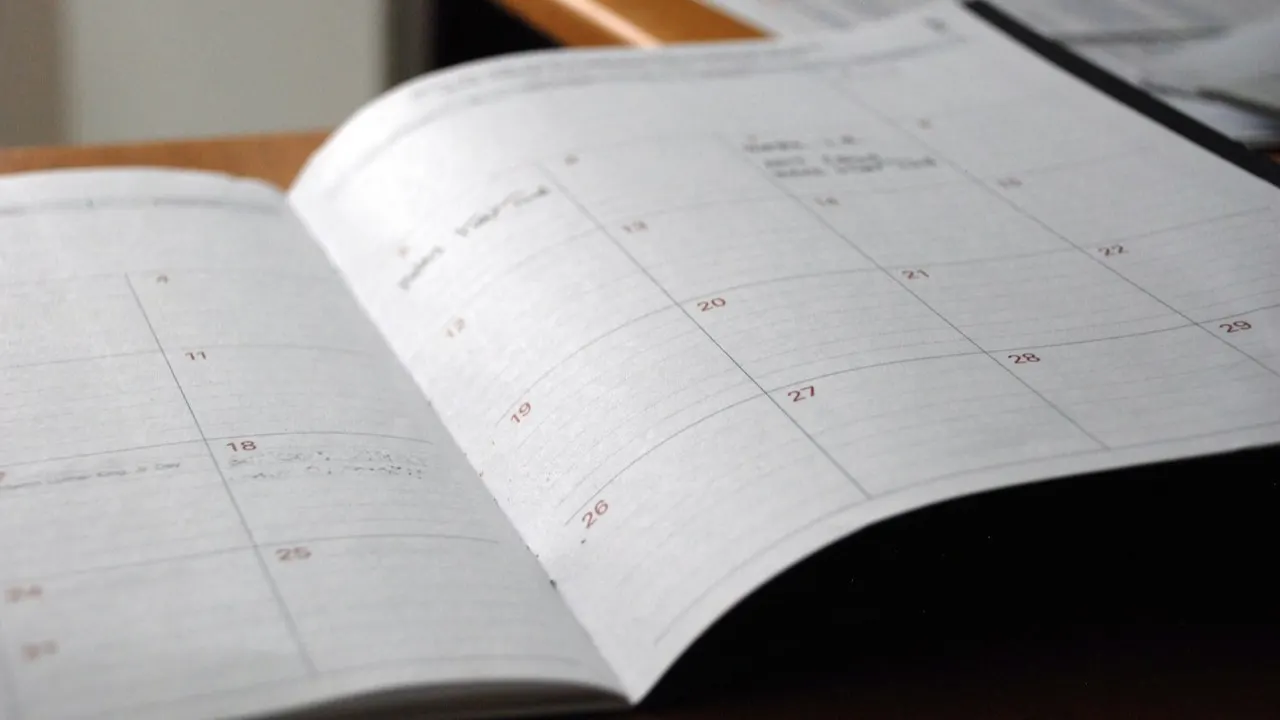 An open monthly planner on a desk, the kind used to count days spent in the UAE