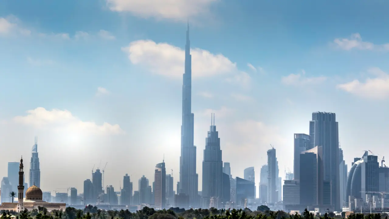 A UAE city skyline of tall towers representing tax and accounting for businesses in the Emirates