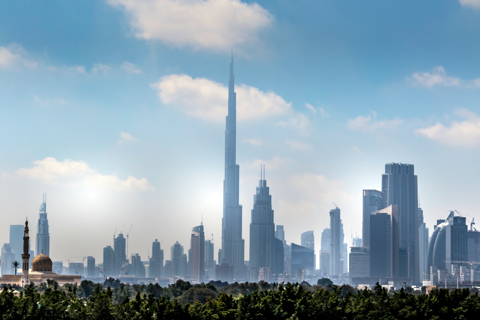 Dubai skyline with tall buildings at dusk